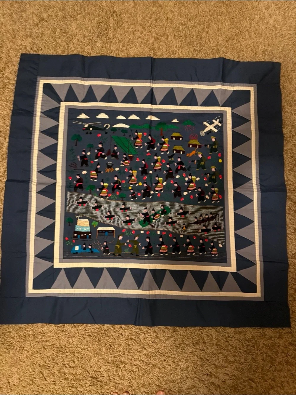 Vintage Hmong Story Cloth Embroidered Wall Hanging Paj Ntaub Folk Art Textile